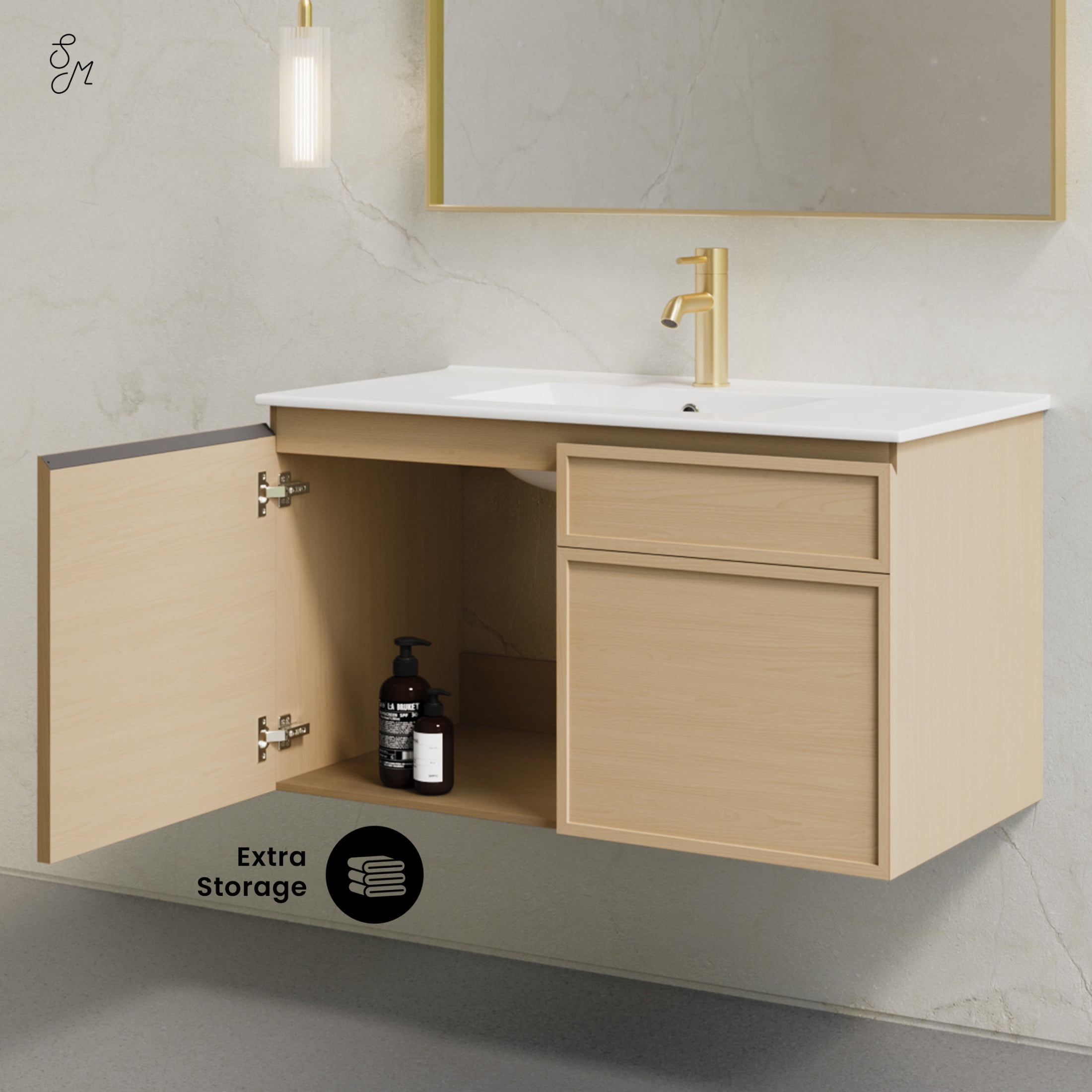 St. Tropez 36" Wall-Mounted Bathroom Vanity in Natural Oak with Sink Top