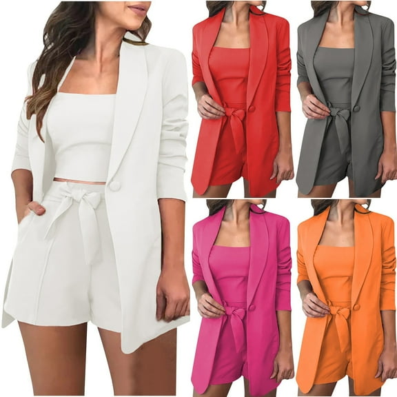 3 Piece Blazer Sets for Women Bussiness Outfits Open Front Button Blazers Crop Tops Belted Shorts Sets Casual Elegant Office Suits