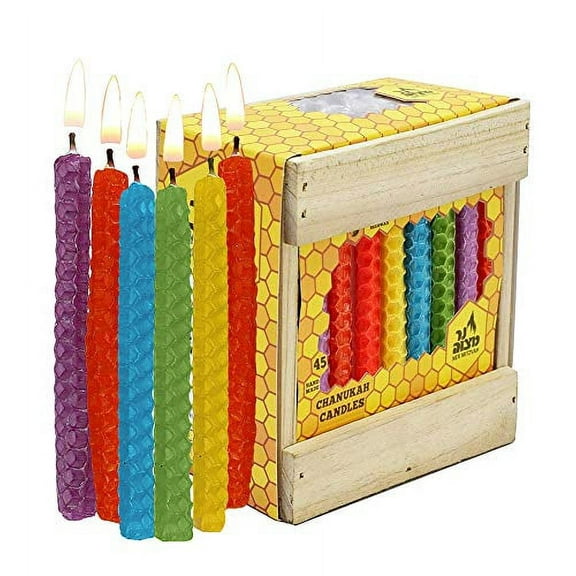 Ner Mitzvah, Multicolor Handmade Natural Beeswax Honeycomb Hanukkah Menorah Candles - Standard Size (45 Pack)