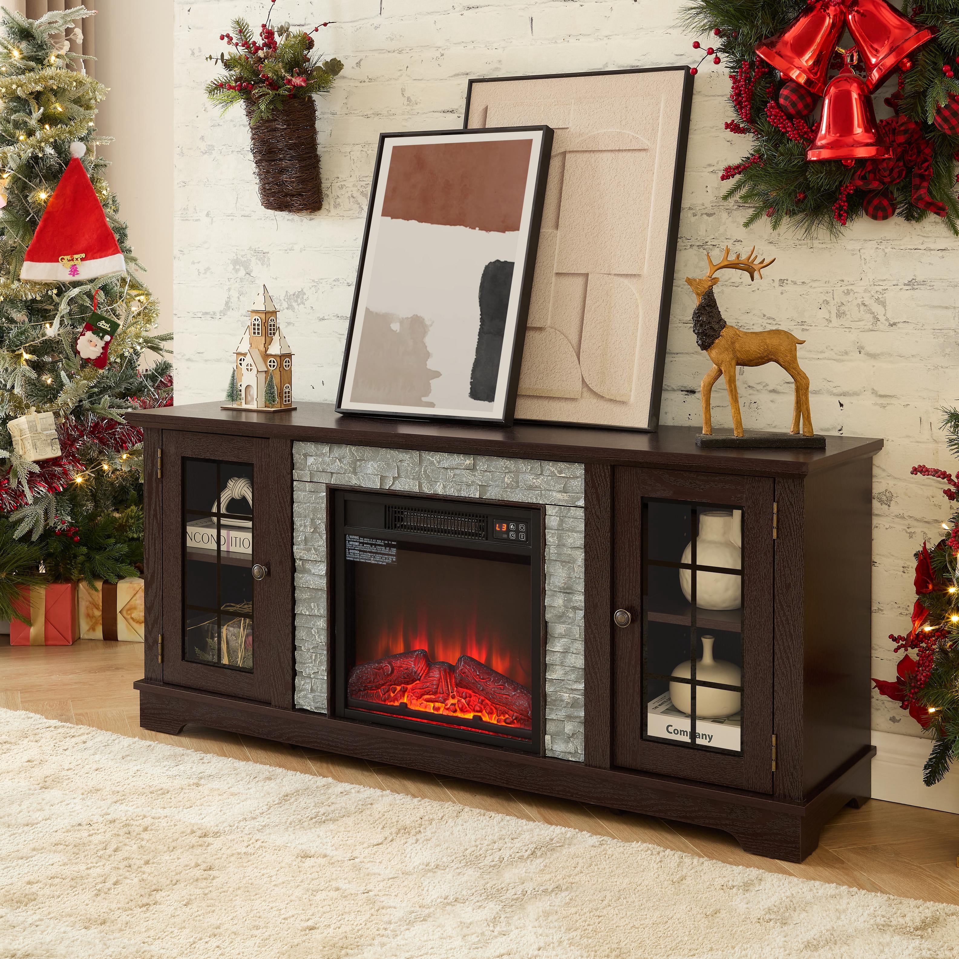 Fireplace TV Stand for TVs up to 65", Paproos Farmhouse TV Stand with 18" Electric Fireplace, Entertainment Center Televison Console Table with Realistic Stacked Stone & Adjustable Shelves, Cherry