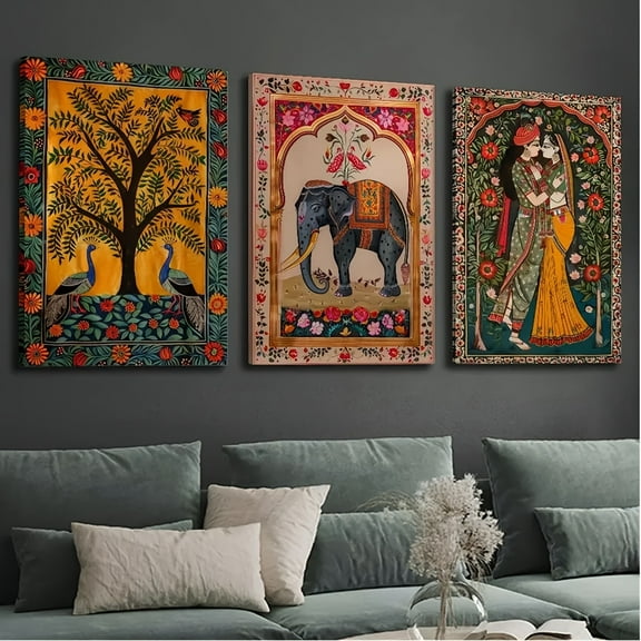 3pcs of canvas printing decorative paintings, Indian Tree of Life, abstract folk flowers and plants, Indian classical art, elephant, couple, indoor home wall decoration art