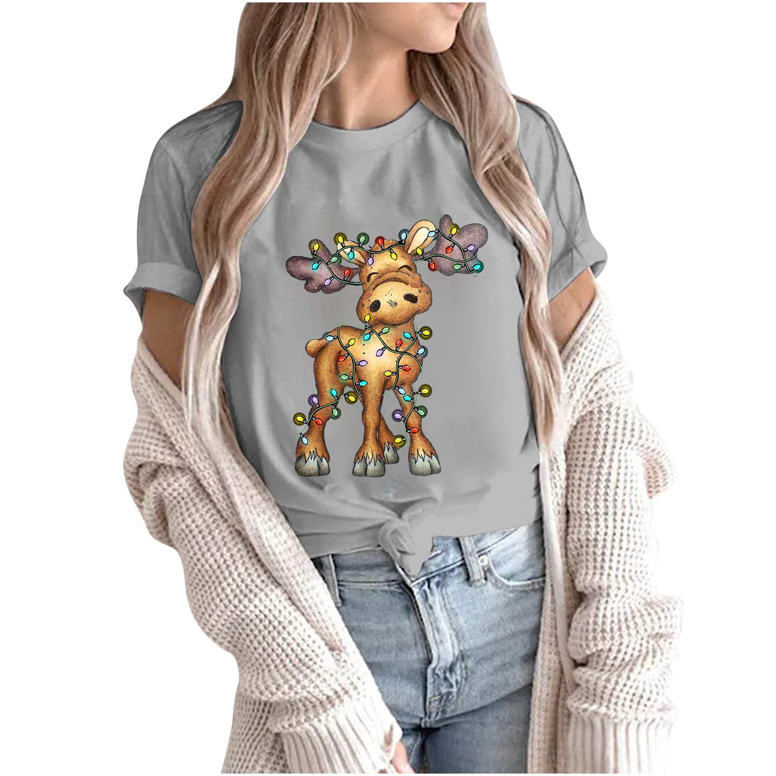 T-shirt De Noël Imprimé à Manches Courtes Col Rond Décontracté Pour Femmes