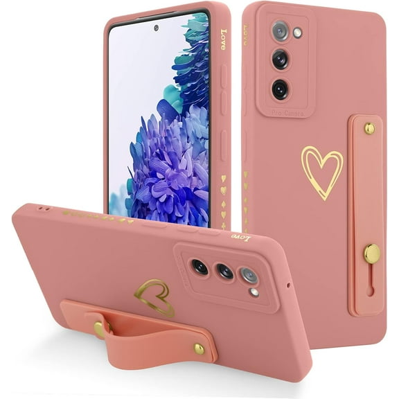 Designed for Samsung Galaxy S20 Fe 5G Case with Phone Stand Holder Cute Love Hearts Pattern Slim Protective Camera Protection Cover with Wrist Strap for Women Girls for S20 Fe 6.5"-Pink