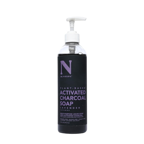 Dr. Natural Jabón Líquido Carbón Activado con Extracto de Aceite de Lavanda 473 ml. Cara y Cuerpo. 100% Orgánico. Acción Exfoliante Reduce Poros y Grasa. Todo Tipo Piel. Hipoalergénico.