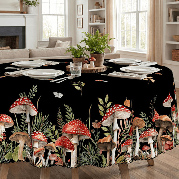 Verolix Round Tablecloth 70 Inch, Red Mushroom Floral Table Cover Polyester Waterproof Washable Table Cloth for Dining Kitchen Indoor Outdoor Decor