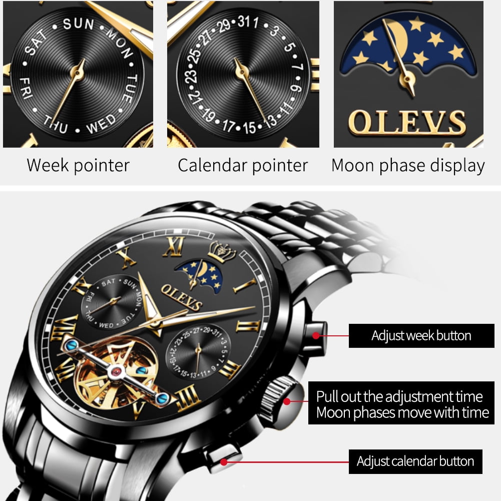 OLEVS Automatic Watches for Mens Skeleton Mechanical Self Winding Chronograph Calendar Classic Dress Moon Phase Multifunction Mens Wrist Watches Luminous Waterproof Stainless Steel Reloj Para Hombre