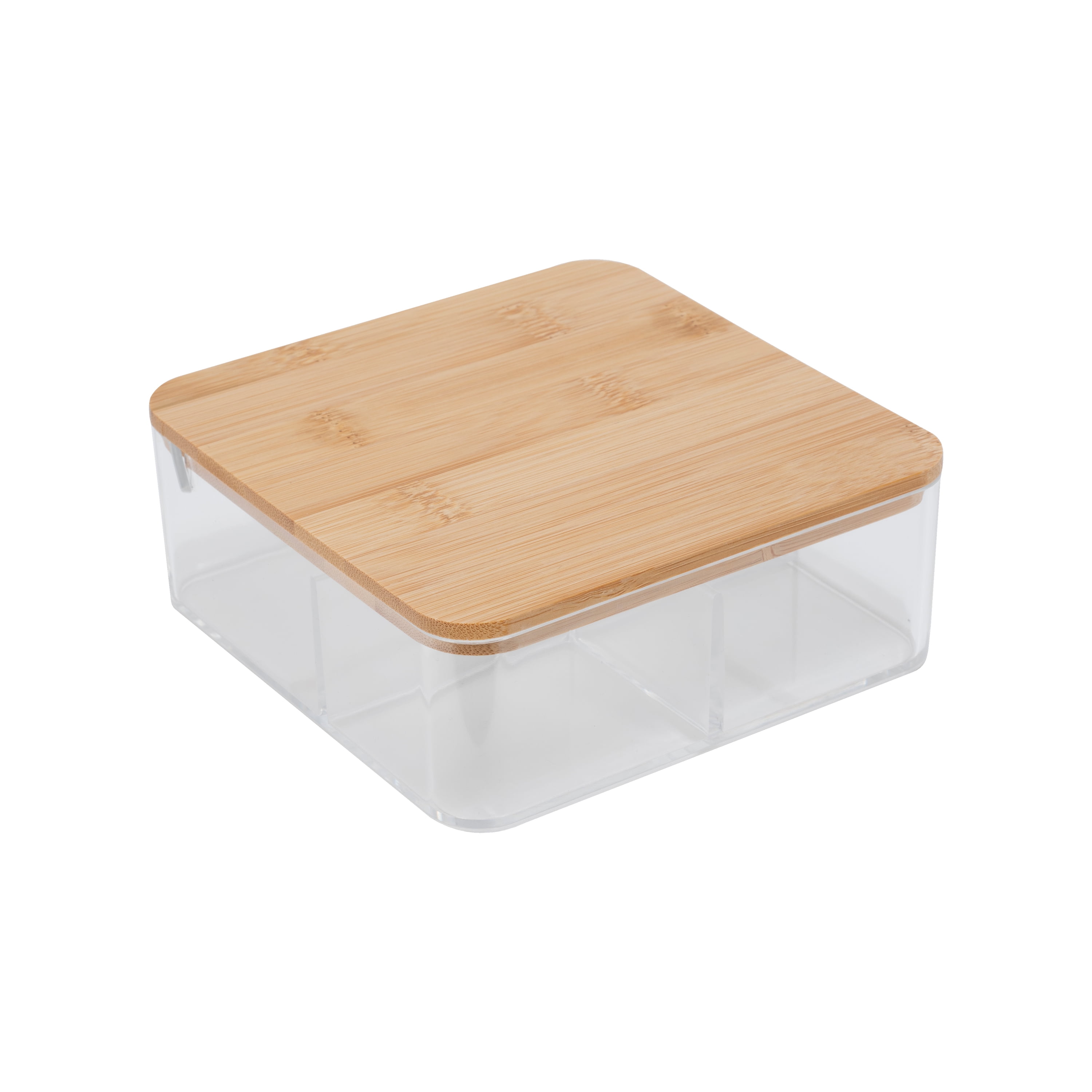 Simplify 3 Compartment Clear Plastic Organizer with Bamboo Lid & Mirror
