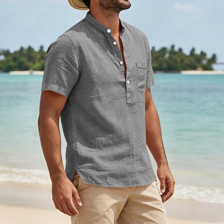 mens short sleeve dress shirts xxl IYTR Men's Shirts V-Neck Short Sleeve Button Shirt Chest Pocket Casual  Summer Beach Vacation Loose Fit Solid Top (Navy,M)