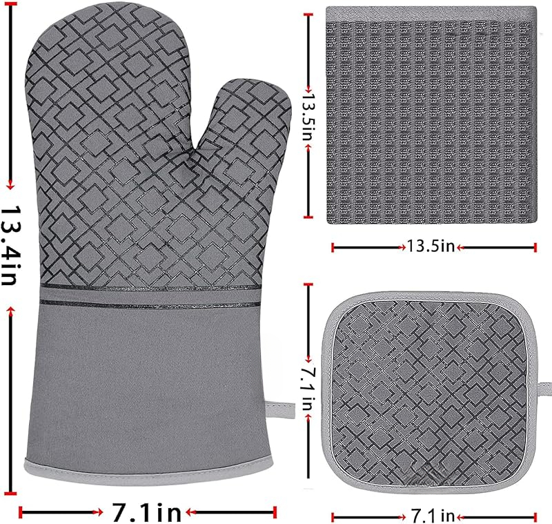 Oven Mitts and Pot Holders Sets 6pcs, Kitchen Glove,High Heat Resistant 550 Degree Extra Long Potholders with Non-Slip Silicone Surface for Home Essentials (Grey) (Gray)