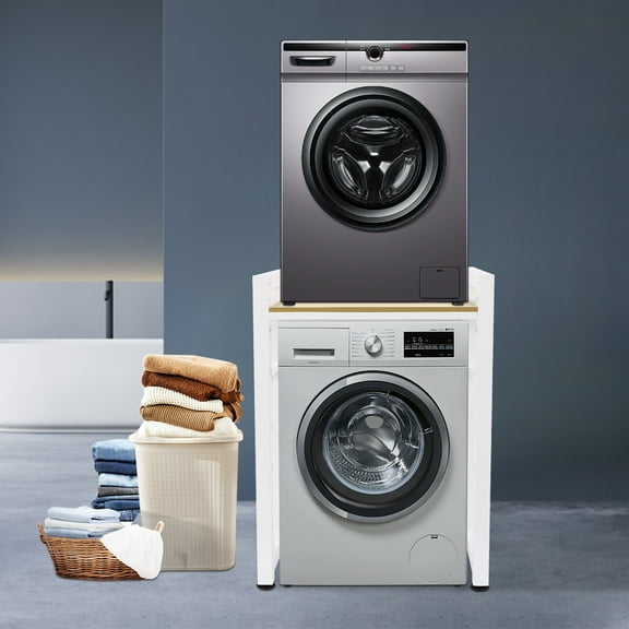 Washer and Dryer Storage Shelf, Laminate Adjustable, White and Light Walnut, Organizer Rack for Household