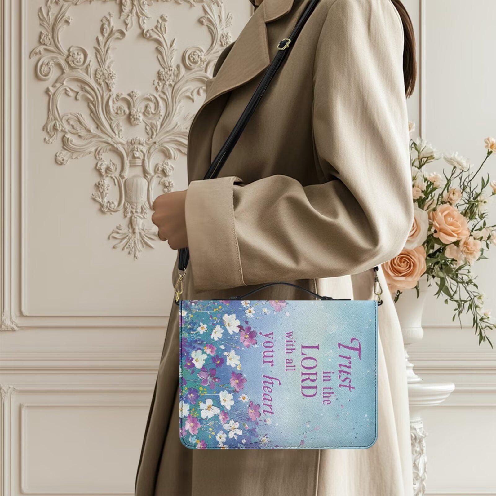 Kuiaobaty Flower Print Bible Covers for Women Men Christian Bible Study Accessories with Bookmark Leather Bibles Carrying Book Case with Shoulder Strap for Christian Daily, Blue