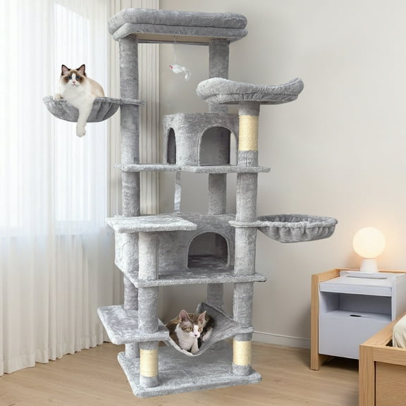 Zephypaws 68in Cat Tree,Multi-Level Cat Tower for Indoor Cats,2 Widened Plush Perches Cat Condo with Scratching Post,Big Caves,Gray