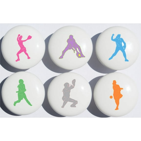 Girls Softball Drawer Pulls Ceramic Gloss Drawer Knobs / Set of 6