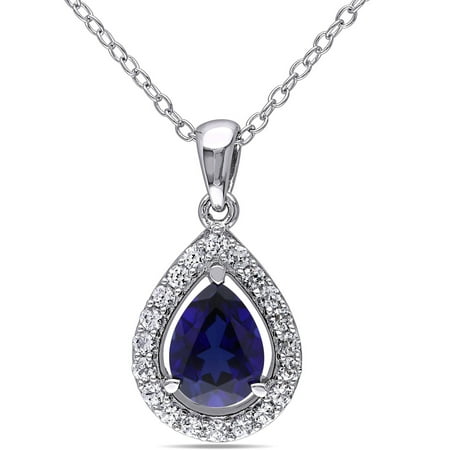 - 2-1/5 Carat T.G.W. Created Blue and White Sapphire Sterling Silver Teardrop Pendant, 18