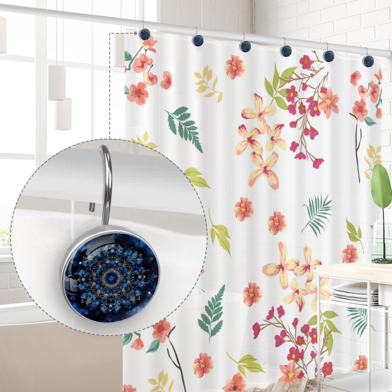 Blue Mandala Floral Shower Curtain Hooks Round Crystal Glass, Set of 12 Shower Curtain Rings - Shower Hooks for Curtain Shower Rings