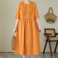 thumbnail image 6 of Efsteb Cotton Linen Dresses for Women Short Sleeve Summer Midi Dress with Pockets Casual Crew Neck Pleated Front Drawstring Tie Waist Vacation Dresses (Orange,XXL), 6 of 9