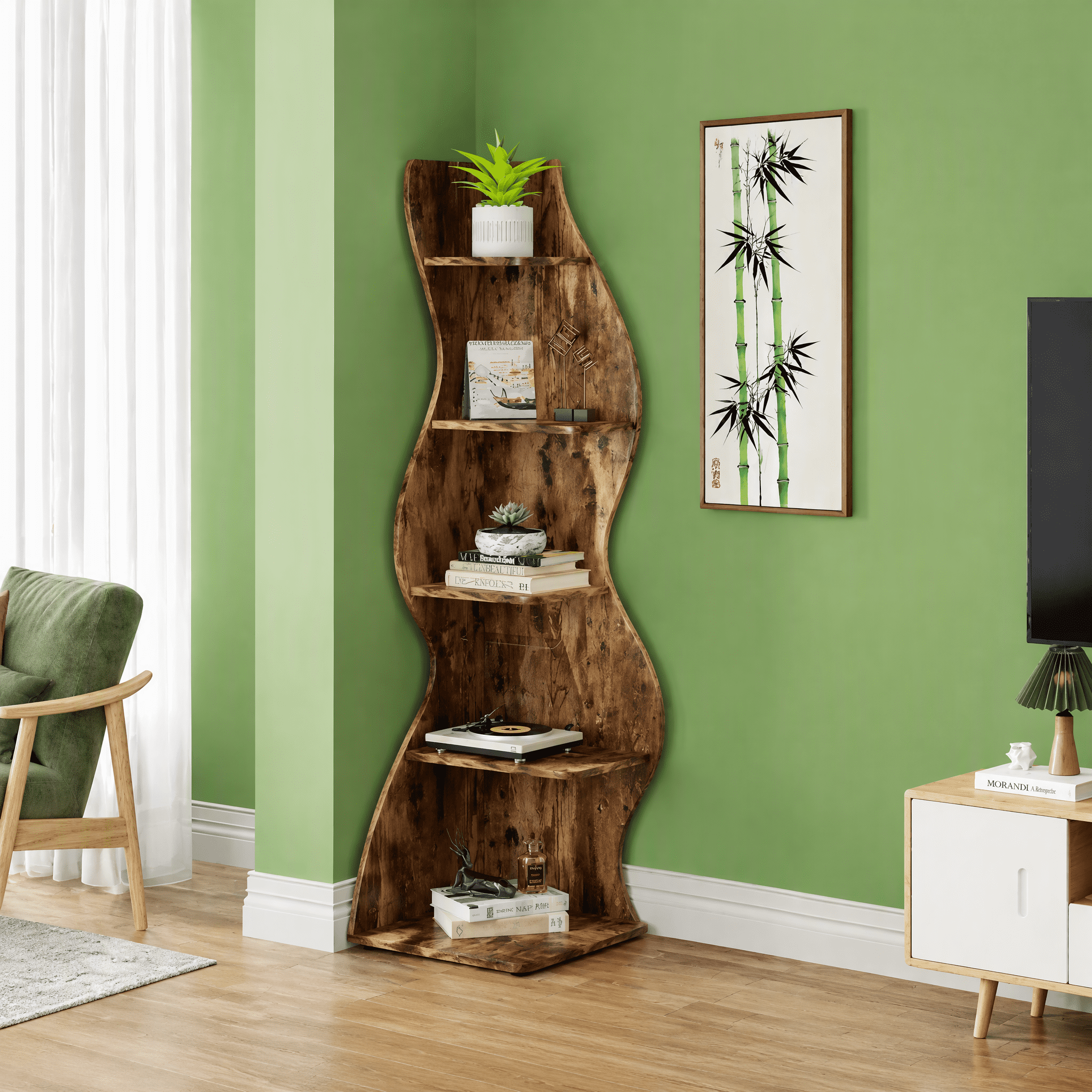 5-Tier Vintage Shelving Unit Brown with Sea Grass Design, Adjustable Shelves, High-Quality Board, for Home/Office Organization