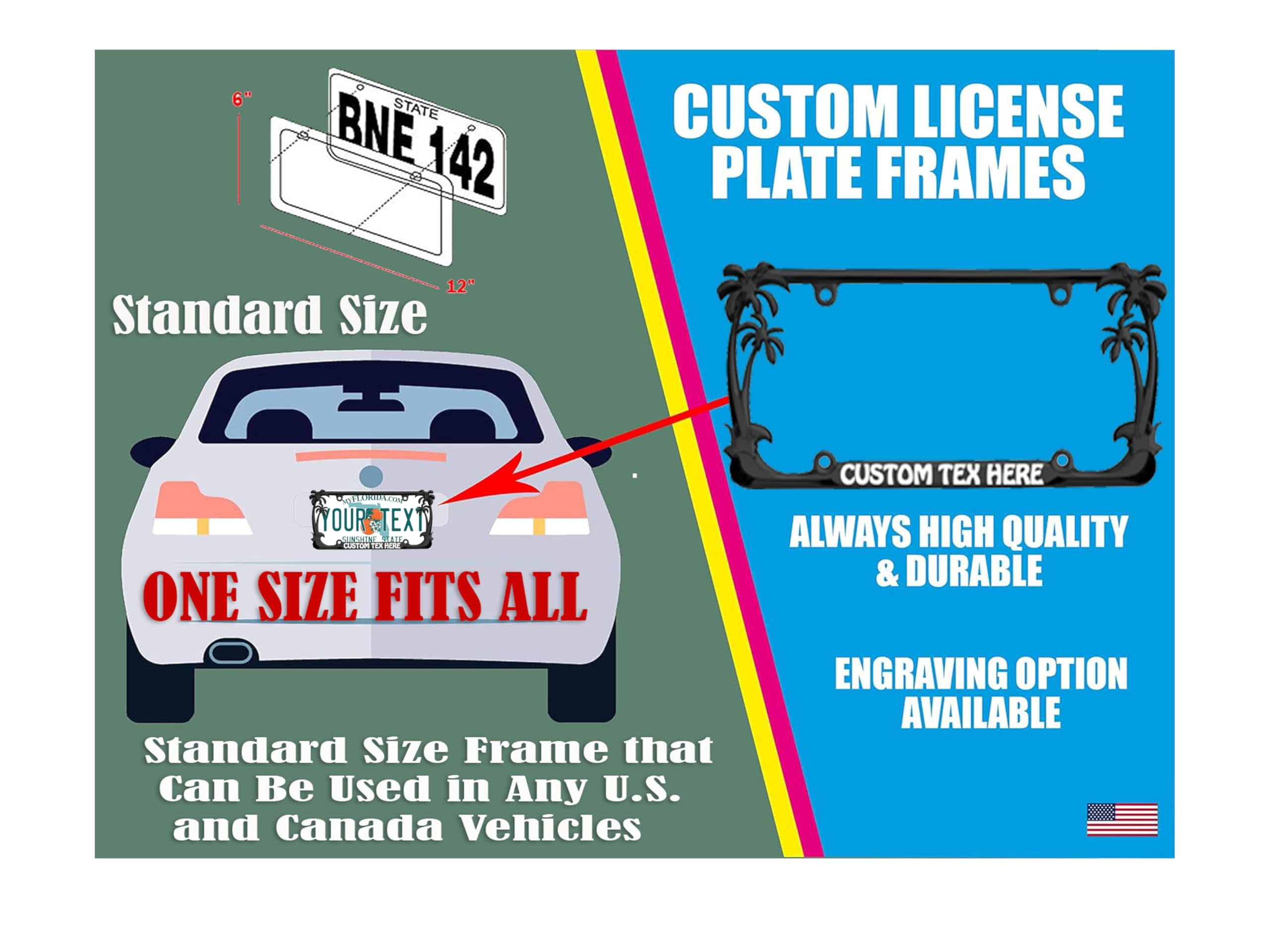 Beach Life Style Palm Tree Heavy Duty Metal License Plate Frame Personalise/Car Accessories Car Tag Holder Cover (Black/D.Pink)