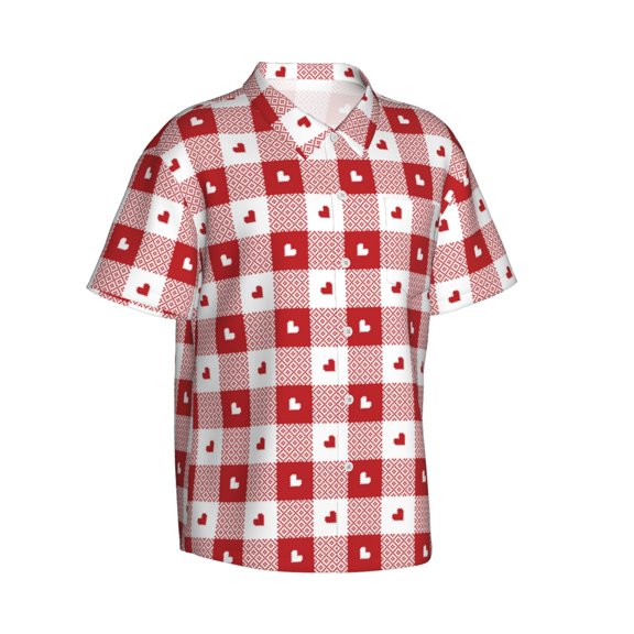Picia Plaid Heart Gentle Cotton Regular Fit Short Sleeve Casual Hawaiian Shirt for Men-Small