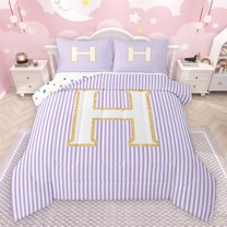 Feelyou Chic Purple Stripes Full Size Comforter Sets for Child, Dreamy Initial H Letter Bedding Comforter Set, Kawaii Cartoon Theme Reversible Bedding Sets, Lightweight Room Decor, 3pcs