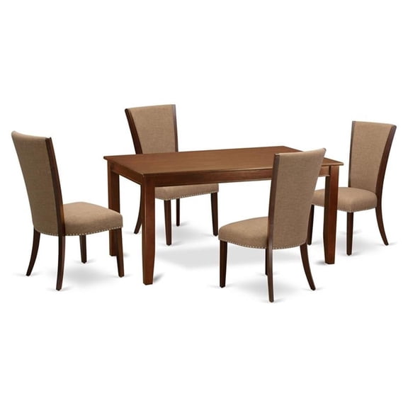 East-West Furniture DUVE5-MAH-47 - A modern dining table set of 4 great kitchen chairs using Linen Fabric Light Sable color and an attractive rectangle kitchen table in Mahogany Finish