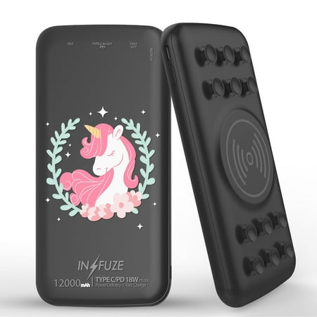 

INFUZE Qi Wireless Portable Charger for Samsung Galaxy S21 FE Battery (12000 mAh 18W Power Delivery USB-C/USB-A Quick Charge 3.0 Ports Suction Cups) with Touch Tool - Pink Unicorn