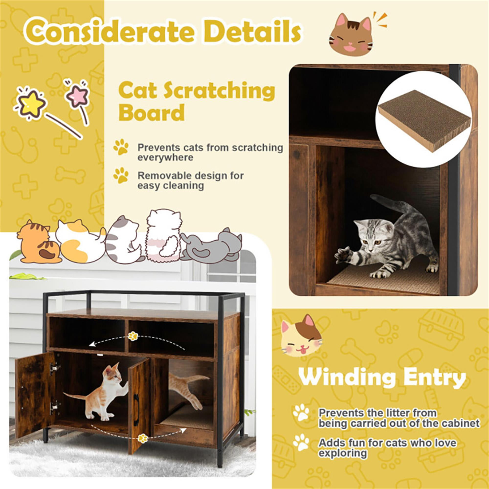 resenkos 35" Hidden Cat House Washroom with 2-Doors and Scratch Cardboard, Wooden Cat Litter Box Enclosure Furniture, Brown