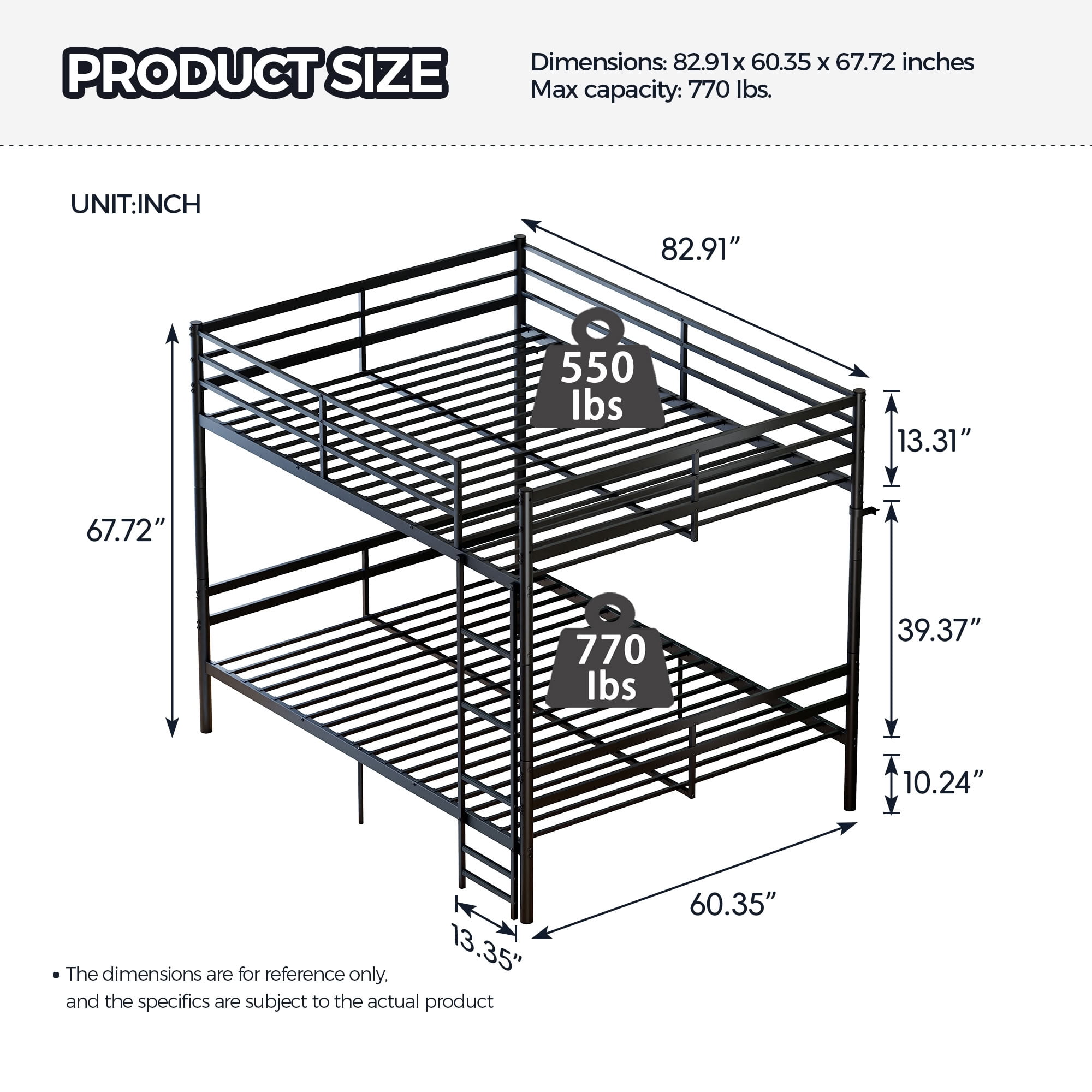 MAYEERTY Queen Over Queen Bunk Bed with Ladder and High Guardrails, Heavy Duty Metal Bed Frame Supports 550 lbs, Space-Saving Storage for Kids Teens Adults