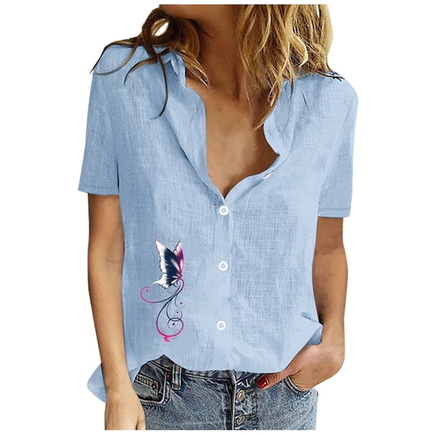 Gibobby Playera de Manga Corta con Cuello Redondo Algodón Casual Suelto Personalidad Impreso Solapa Botón Manga Corta(Azul,CH)