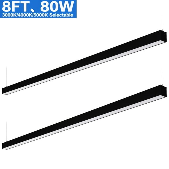 2 Pack 8FT 80W 3CCT Dimmable Commercial Linkable Linear Light, 3000K/4000K/5000K Selectable, Suspended Strip Light, Black