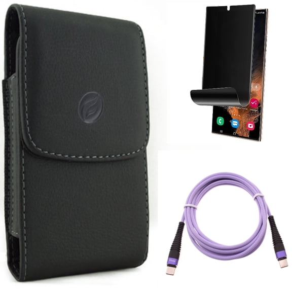 Privacy Screen Protector & Purple 10ft PD Cable & Case Belt Clip for Samsung Galaxy S22 Ultra (6.8") - Combo TPU Film (Fingerprint) Anti-Peep & Type-C to USB-C Fast Charger Cord Extra Long & Leather