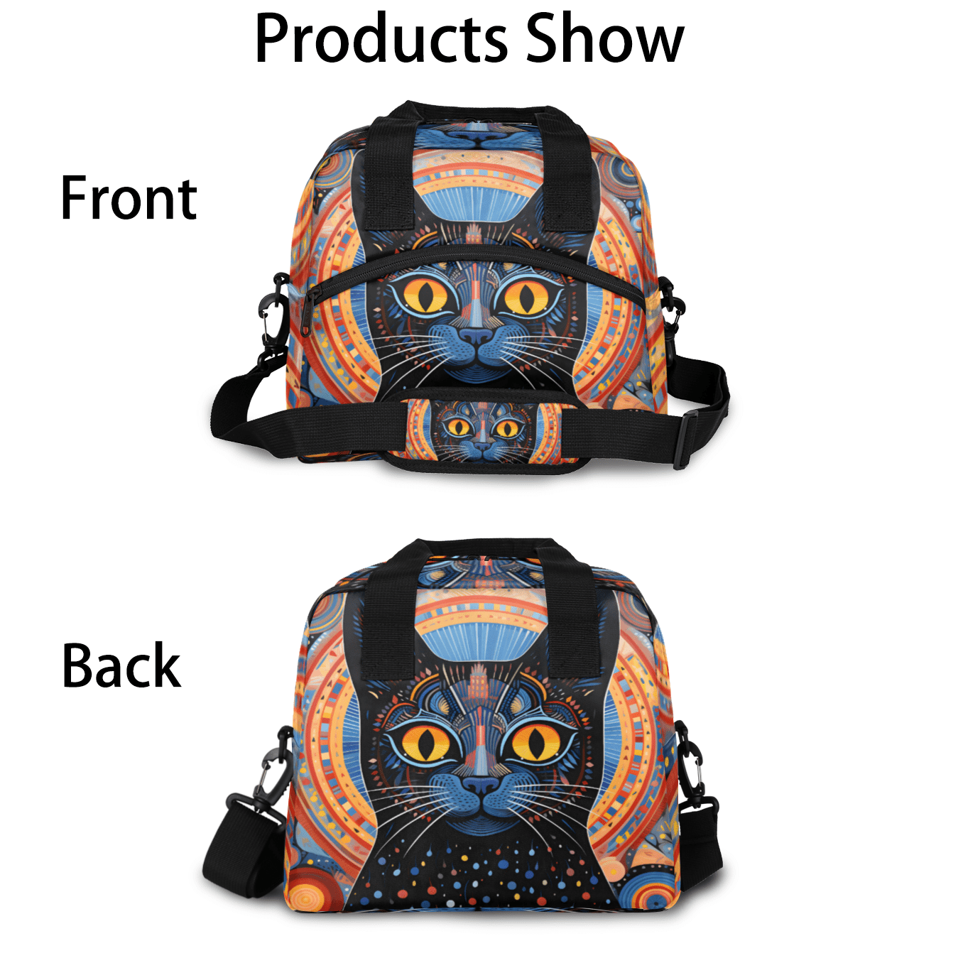 Herdesigns Boho Cat Insulated Lunch Bag for Women Men Adults Large Reusable Lunch Box Ethnic Cat Leakproof Cooler Tote Bags with Adjustable Shoulder Strap