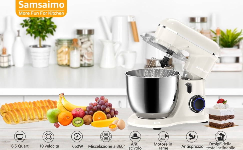 Samsaimo Stand Mixer,6.5-QT 660W 10-Speed Tilt-Head Food Mixer, Kitchen Electric  Mixer with