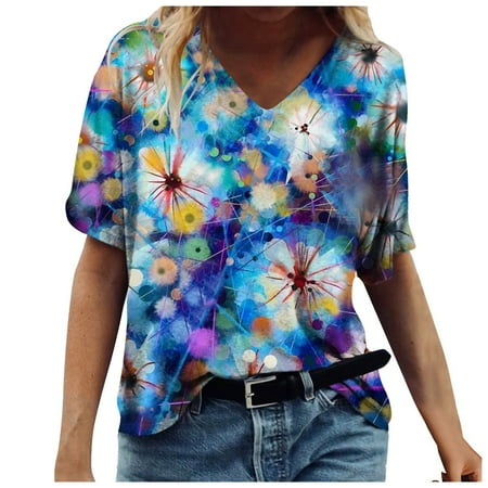 

Simplmasygenix Women Tops Summer Clearance Fashion Women s Summer Printed Short Sleeve V-Neck T-Shirt Casual Tee Tops