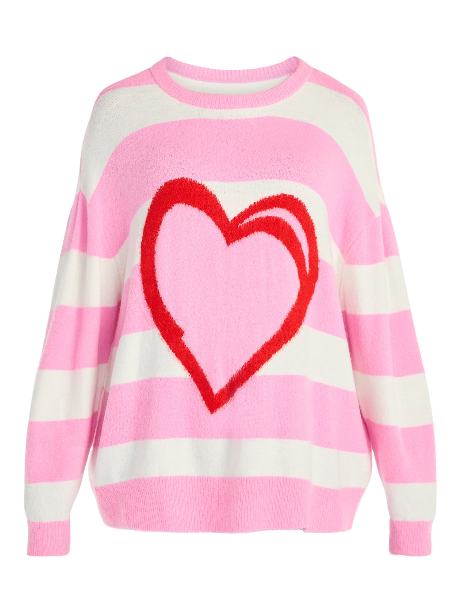 99 Jane Street Women's and Women's Plus Striped Sweater with Heart Design, Midweight, Sizes XS-4X