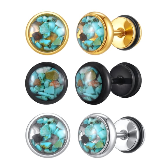Vnox Stainless Steel Turquoise Epoxy Round Stud Earrings for Men, Black/Gold/Steel Color, Screw Thread Post, Casual Trendy Design