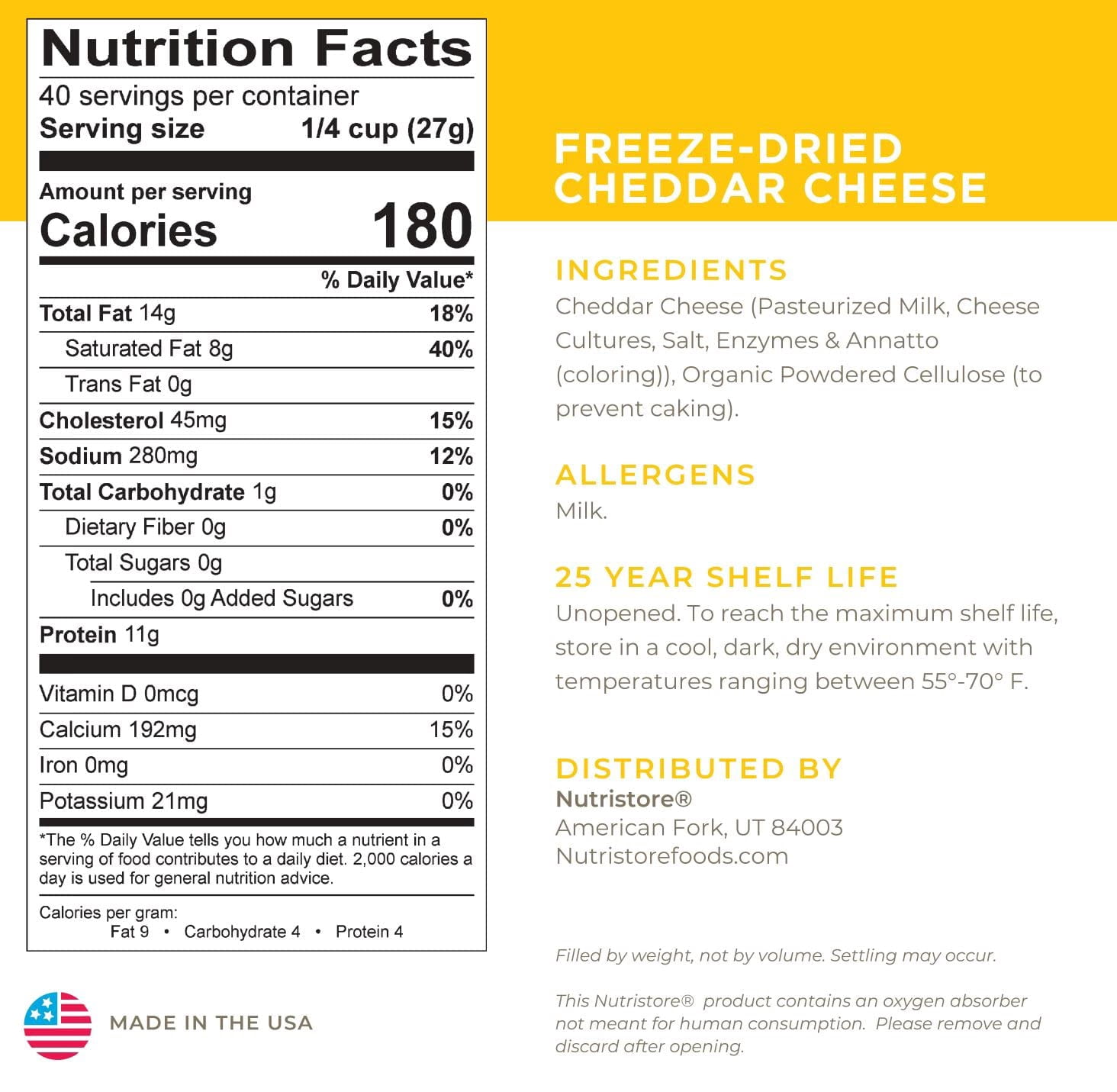 Nutristore Freeze-Dried Cheddar Cheese Shredded (Pack of 12)