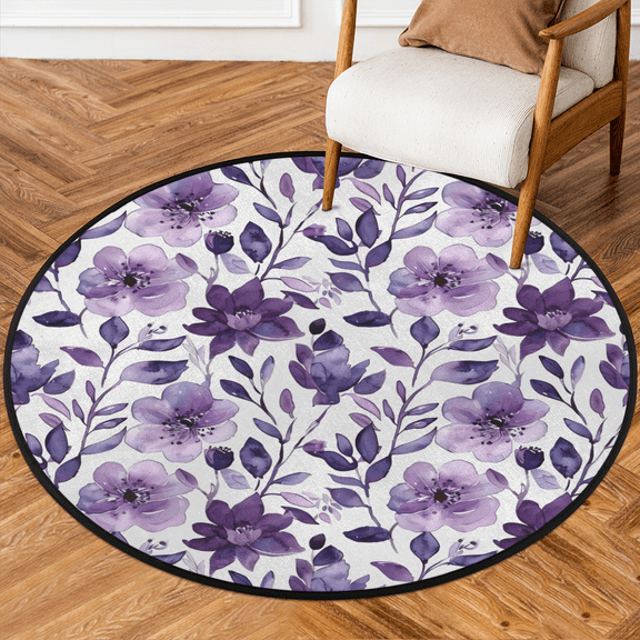 CURLYOOT Round Rug 3ft Flower Area Rug, Washable Circle Mat Non Slip Floor Carpet Mat, Purple Floral Soft Indoor Rugs for Entryway Living Room Dining Room Bedroom