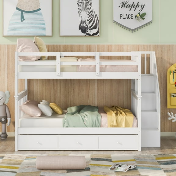 Full Over Full Bunk Bed with Staircase Storage, Stairway Bunk Bed with Drawers, Solid Wood Twin Over Twin Bed Frame with Guard Rails, Convertible into 2 Beds,White