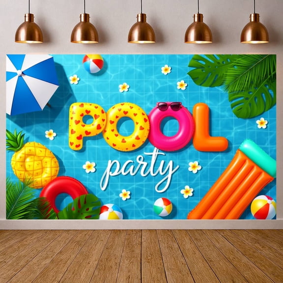 Vibrant Colorful Pool Party Banner Tropical Themed Summer Event Display Inflatable Water Fun Backdrop for Summer Pool Parties Outdoor Gatherings Tropical Events