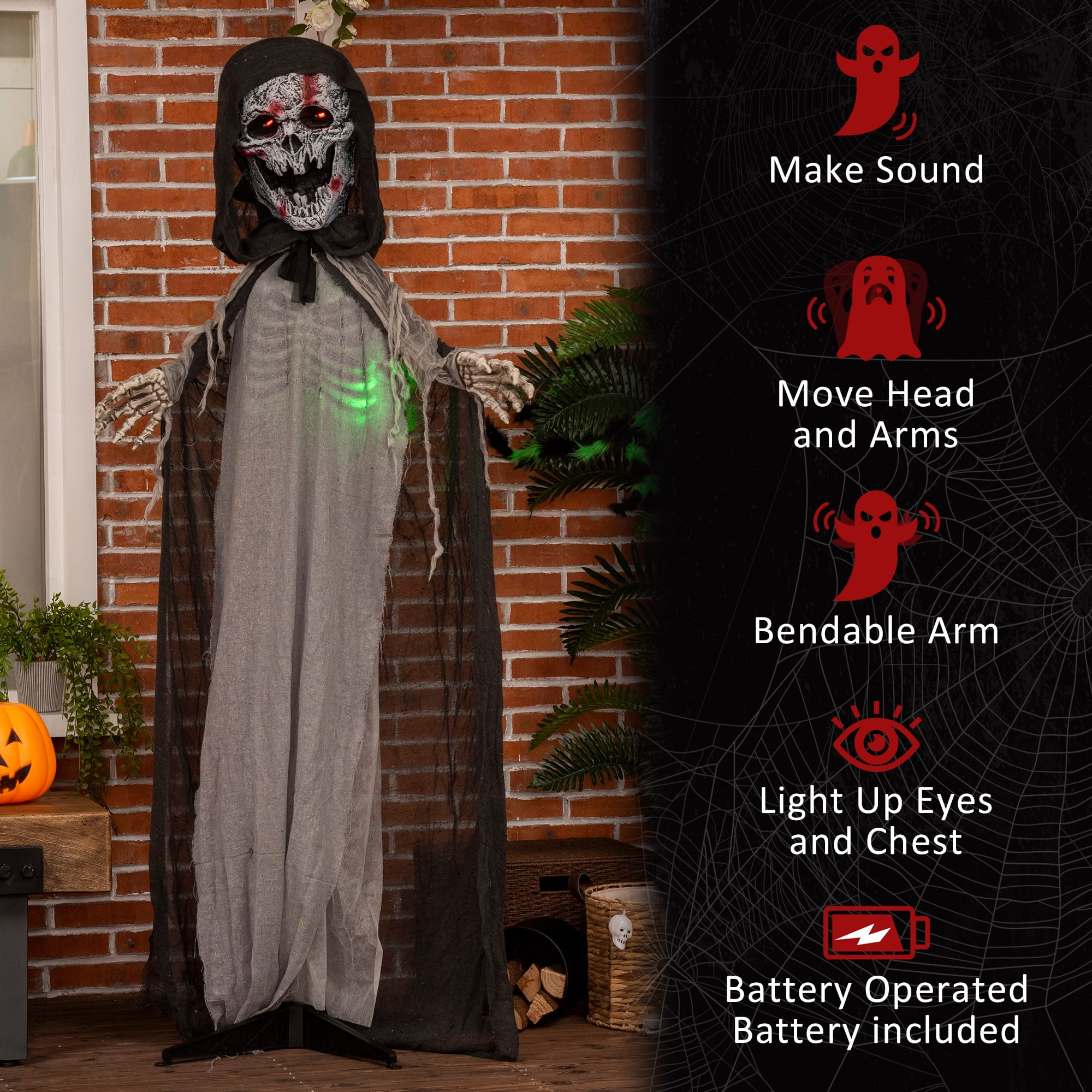 74" Animated Skeleton Witch Halloween Decoration, Sound & Touch Activated, Motion & Sound Effects