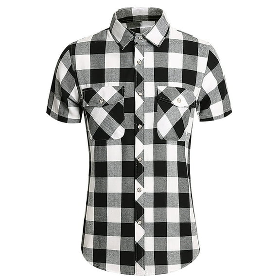 WREESH Men's Work Button Down Shirts Casual Fashion Plaid Turn-Down Collar Button Short Sleeve Shirts Plaid Shirt Tops Black