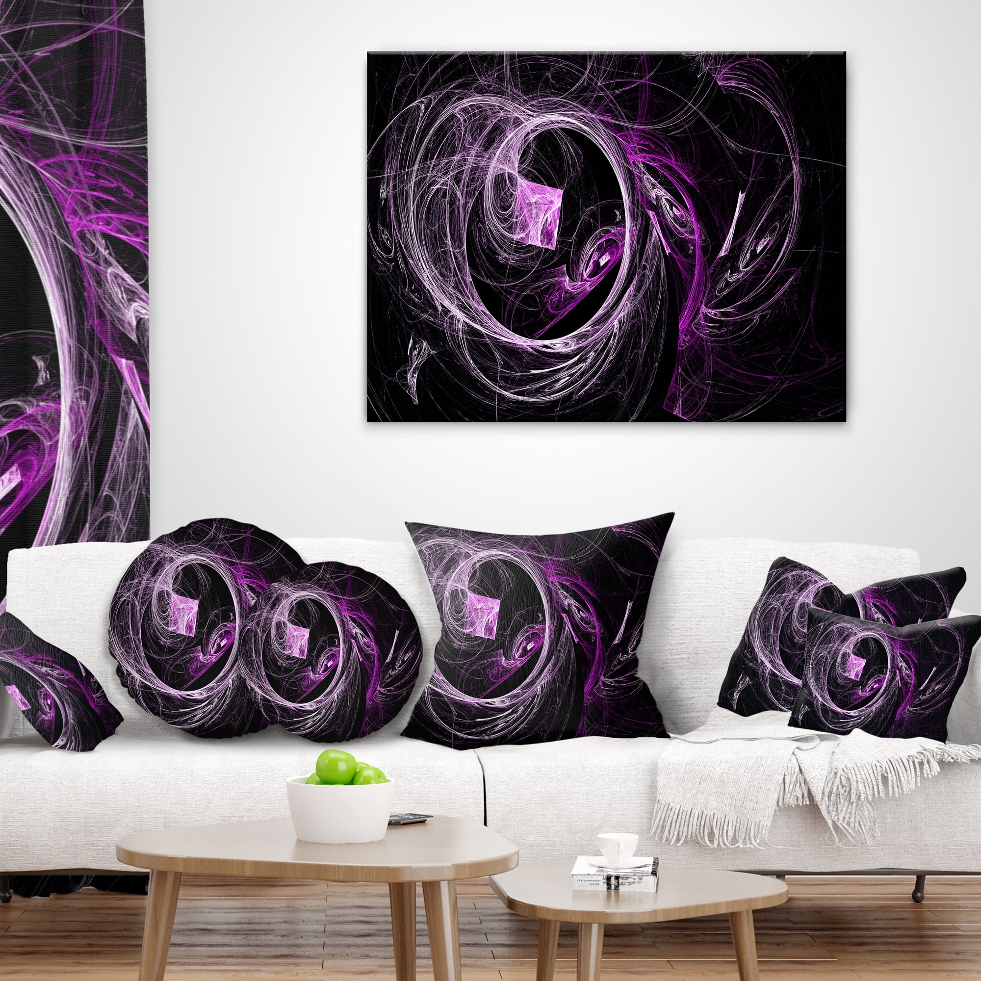 Designart Billowing Smoke Purple in Black - Abstract Throw Pillow - 12x20