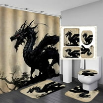 4PCS Dragon Shower Curtain Set, Waterproof Fabric Shower Curtain, Non-Slip Bath Mat Bathroom Rugs, Moon Mountain Medieval Mythical Creature Fantasy Magic Animal Boys Girls Kids Bathroom Decor