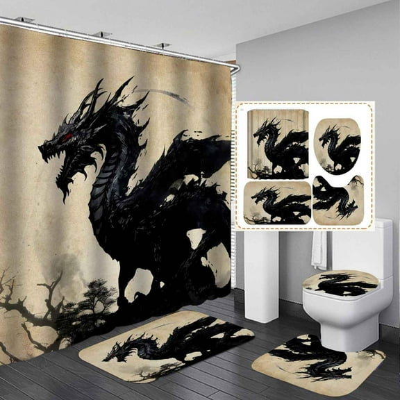 4PCS Dragon Shower Curtain Set, Waterproof Fabric Shower Curtain, Non-Slip Bath Mat Bathroom Rugs, Moon Mountain Medieval Mythical Creature Fantasy Magic Animal Boys Girls Kids Bathroom Decor