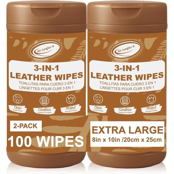 Air Jungles 3in1 Leather Wipes 50 Count (Pack of 2), Extra Large 8 x 10 inch, Clean Condition Protection for Car Interior, Furniture, Couch, Boots, Bags, Formulated with Wax and Silicon