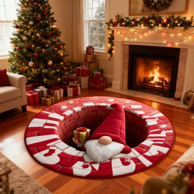 Oliegs Boxbollen Christmas 3D Rug – Christmas Optical I Llusion Rugs Decorative Rug With Depth Pattern Theme Santa C Laus Quilted Round Durable Fabric Gi Ft For Home Parties Walking