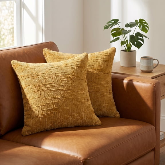 Unique Bargains Decorative Chenille Throw Pillow Covers Pack of 2 Yellow 18" x 18"
