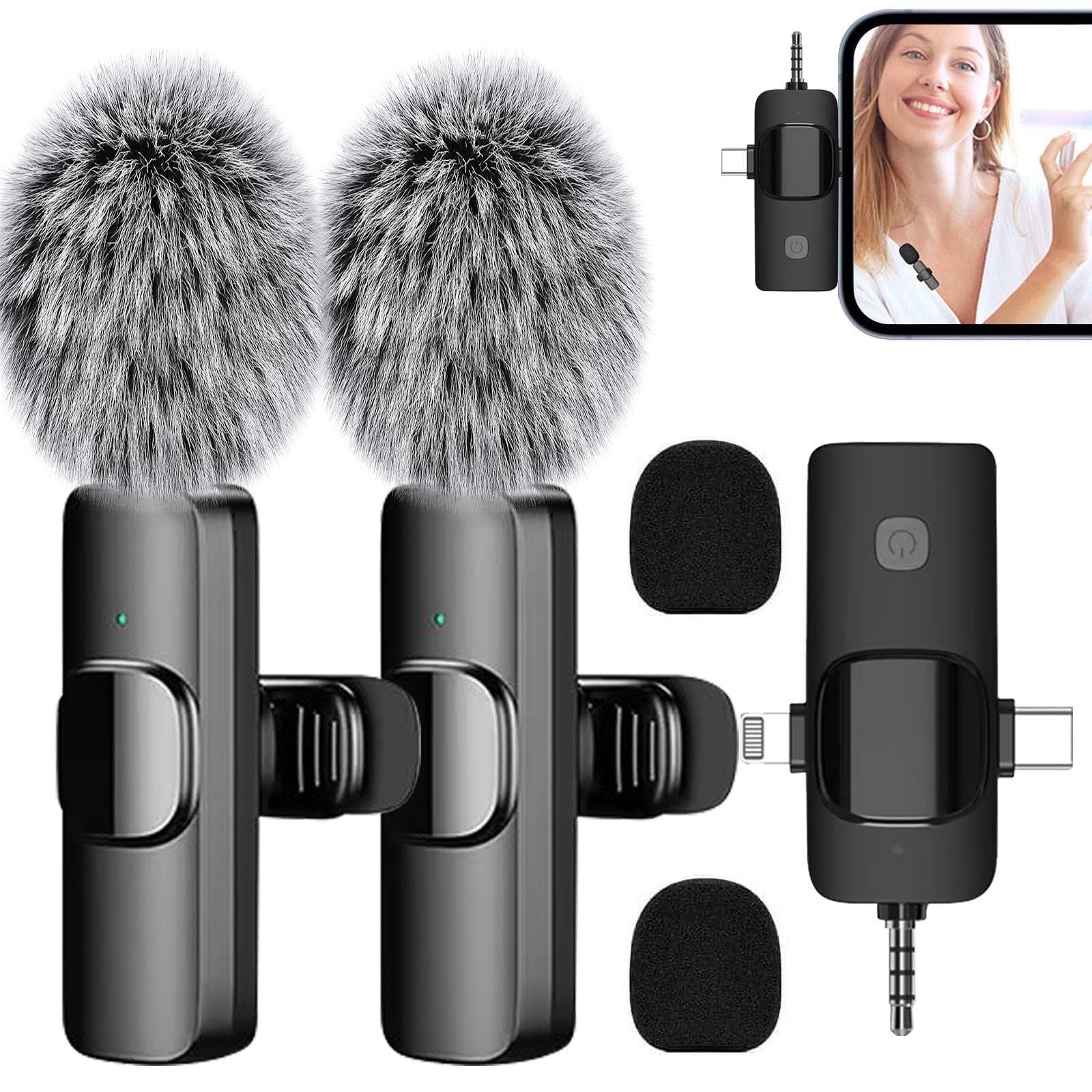 3 in 1 Wireless Lavalier Microphone for iPhone, Android, Camera, Noise Reduction Mini Microphone, Wireless Microphones Double Mics for Video Recording Vlog Podcast