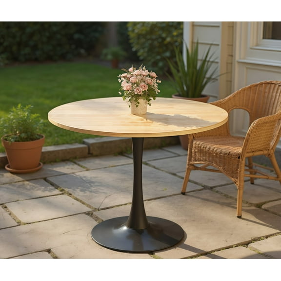 24" Round Dining Table with Stable Metal Round Base, Mid Century Coffee Table, Modern Kitchen Table for Living Room Office Apartment Small Space, Natural